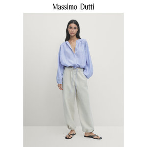 夏季新款 Massimo Dutti 2024女装法式淑女风清冷感蓝色短版缩褶圆领衬衫 05154949403