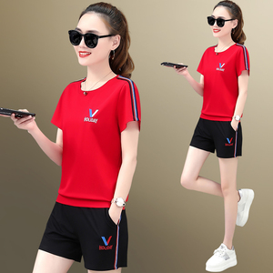 运动休闲套装女2019新款韩版时尚气质女装夏季显瘦短袖短裤两件套