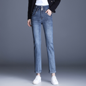 直筒牛仔裤女春秋季2023新款修身高腰显瘦弹力九分烟管裤大码长裤