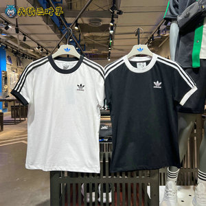 Adidas三叶草女子经典黑白三条纹刺绣小LOGO短袖T恤ED7482 ED7483