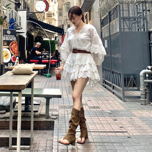 韩国正品女装2024夏季新款时尚纯色宽松绑带蕾丝长袖腰带连衣短裙