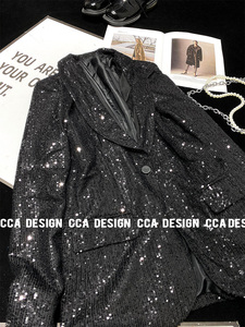 CCA自制高街时髦黑色亮片修身西装外套中长款亮闪闪翻领女士西服