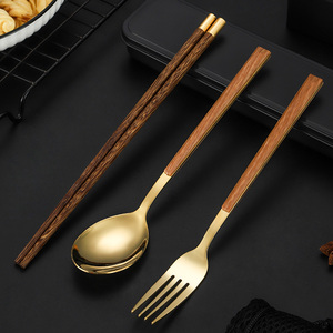 不锈钢便捷式餐具筷子勺子叉子套装上班族学生三件套单人木筷收纳