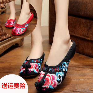 老北京布鞋女复古中国风小坡跟女鞋广场舞鞋民族风绣花拖鞋牛筋底