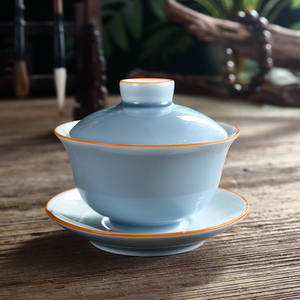 吴氏品雅三才盖碗高端茶杯釉下彩泡茶碗纯色霁青潮汕功夫茶具套装