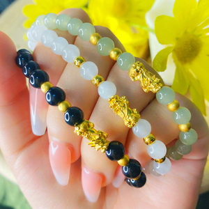 黄金貔貅手链和田玉足金转运珠5d硬金黑曜石玛瑙手串新年礼物男女