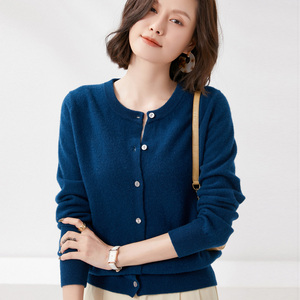 2022春季新款100%羊毛衫女开衫圆领修身针织衫韩版毛衣外套女装