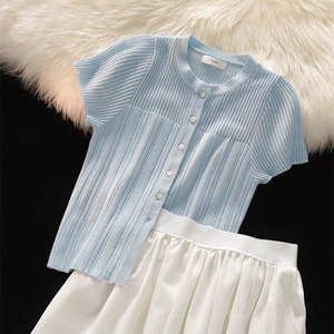 高级感超好看奶蓝色短袖天丝短袖上衣女薄款坚条纹镂空拼接针织衫