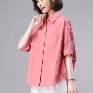 女纯棉中袖衬衫2022夏装新款衬衣大码时尚中年妈妈洋气宽松上衣薄