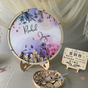 稻草兔兔结婚礼爱心木片签到板册本抖音相框签名册本创意圆形森系