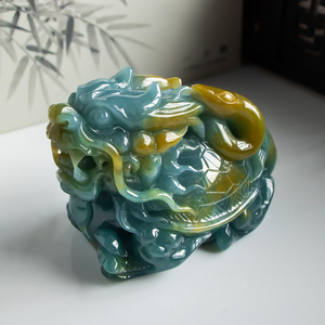 天然翡翠a货老坑蓝水双彩招财龙龟手玩件手把件小摆件 玉器带证书