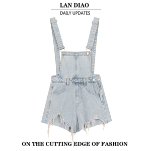 LAN DIAO夏季2024新款浅蓝色背带裤子显瘦直筒破洞牛仔短裤女高腰