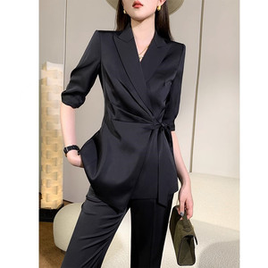 黑色西装套装女夏季薄款时髦洋气高级感职业正装韩版系带休闲西服