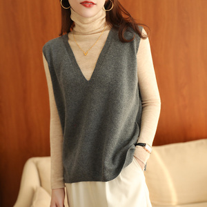 精细仿100%纯羊毛背心女v领套头马甲短款针织外搭无袖毛衣薄坎肩