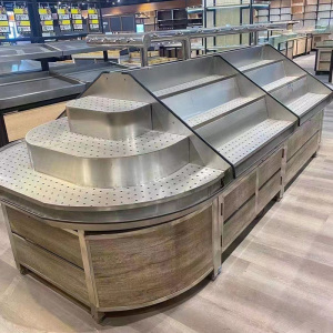 生鲜超市新款不锈钢喷雾叶菜架钢木中岛架青叶子蔬菜保湿保鲜货架