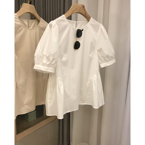 夏季法式白色泡泡袖短袖衬衫女设计感小众减龄娃娃衫衬衣宽松上衣
