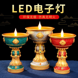 藏村家用彩绘酥油灯藏式树脂LED灯座插电式雕花酥油灯座桌面摆件