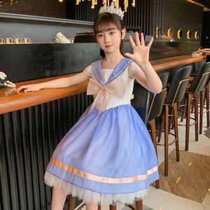 女童蝴蝶结美少女连衣裙学院风网纱裙海军领公主裙夏装短袖中长款