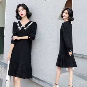 朝花夕拾正品2020秋冬装贵伊族女装城市衣柜显瘦翻领百褶连衣裙