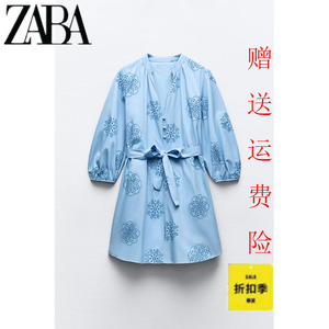 ZA女装 夏季新品蓝色刺绣V领压胶蓬蓬长袖腰带府绸连衣裙 2492058