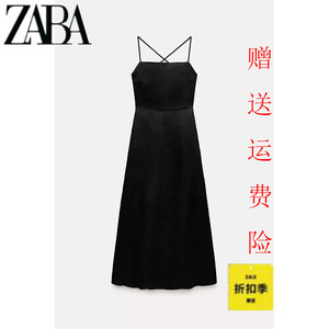 ZARA KISS新品女装 黑色修身亚麻长款露背吊带连衣裙 4786051 800