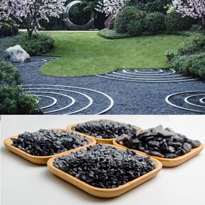 日本小粒深灰色黑色洗米石枯山水日式庭院碎石子园林水洗石造景