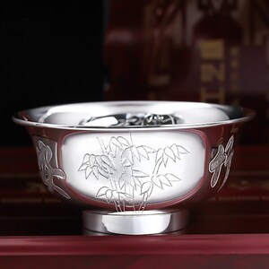 老凤祥云正品银碗s999纯银碗餐具套装食用级家用银碗筷勺子送小孩