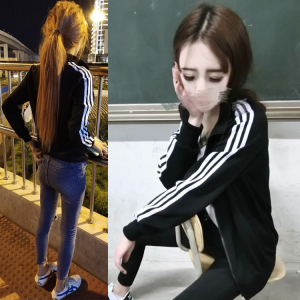 社会女秋装精神小妹衣服学生休闲运动上衣网红款黑白条三条杠外套