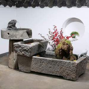 老旧石槽流水景观牛槽鱼缸酒店装饰招财风水摆件庭院青石马槽水缸