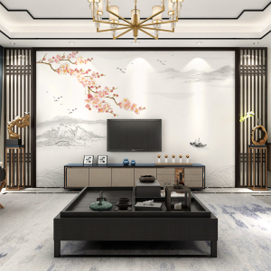 8d现代新中式墙布山水花鸟电视背景墙壁纸简约客厅沙发影视墙壁画