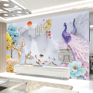 定制中式电视背景墙3D立体大气家和墙贴画8d客厅花朵孔雀墙布自粘