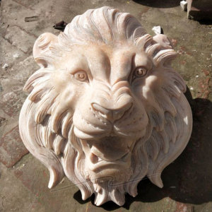 天然晚霞红石材欧式喷水狮子头雕塑石雕吐水兽头挂件水池动物喷泉