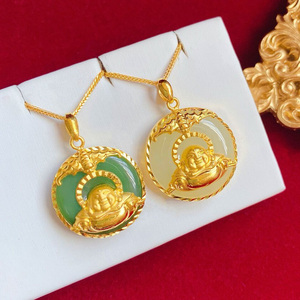 黄金和田玉平安扣佛吊坠999足金镶嵌碧玉白玉弥勒佛玉坠女款礼物