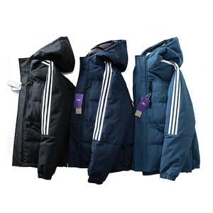 外贸原单尾货秋冬男士三道杠加厚连帽防水羽绒服外套