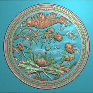 圆形荷花鱼精雕图 金鱼精雕图  荷花金鱼圆形雕刻图灰度浮雕图