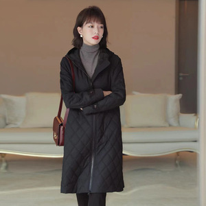 韩版中长款网服日系轻奢H型连帽风衣纯色气质棉服外套女