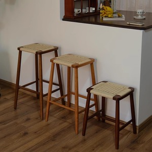 全实木吧台椅家用樱桃木高脚凳吧台凳子复古日式藤编酒吧凳咖啡馆