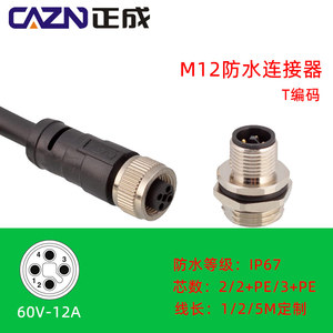 M12T型CODING插头对插座2 3 4 5芯PIN接地带线连接器针型安装孔型