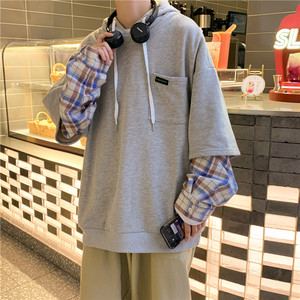 2020年新款卫衣男宽松韩版时尚假两件上衣情侣装网红嘻哈连帽外套