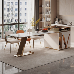 可伸缩岛台餐桌一体轻奢网红高级感岩板饭桌现代简约多功能中岛柜