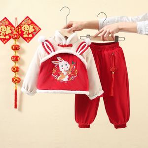 女童冬季唐装新款儿童周岁汉服婴儿中国风加厚套装红色宝宝拜年服