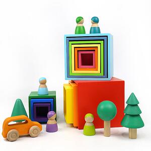 儿童多款几何七彩圆环彩虹积木拼图圆盘创意早教益智开发木制玩具