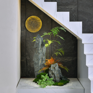 假山石造景室内角落仿真石头绿植景观茶室办公室楼梯下枯山水摆件