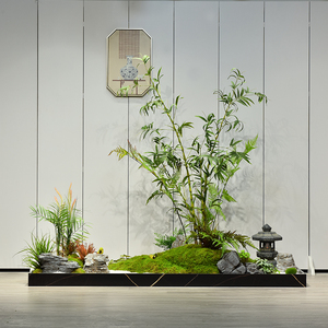 室内造景新中式茶室玄关形象墙装饰布置仿真绿植罗汉竹迎客松景观