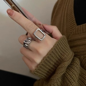 韩版S925银镂空方形戒指女复古时尚气质不规则开口指环嘻哈食指戒