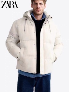 ZARA 冬季新款男装 白色加厚保暖连帽面包服棉服夹克外套 0029501