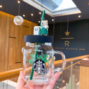 星巴克环保季绿围裙款小熊吸管杯创意带盖卡通玻璃杯耐热咖啡杯女