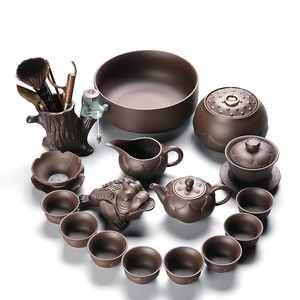 整套紫砂茶具套装家用宜兴陶瓷侧把壶提梁壶盖碗功夫茶杯黑陶