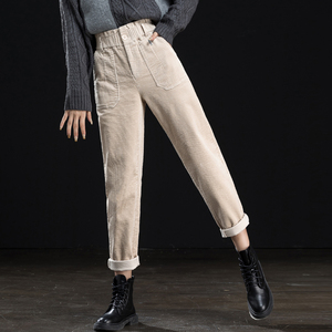 米色灯芯绒裤子女2021年新款秋季休闲裤高腰哈伦裤女宽松显瘦九分
