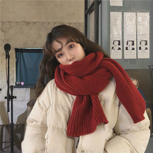 气质酒红色毛线围巾女冬季韩版百搭学生长款纯色加厚保暖针织围脖